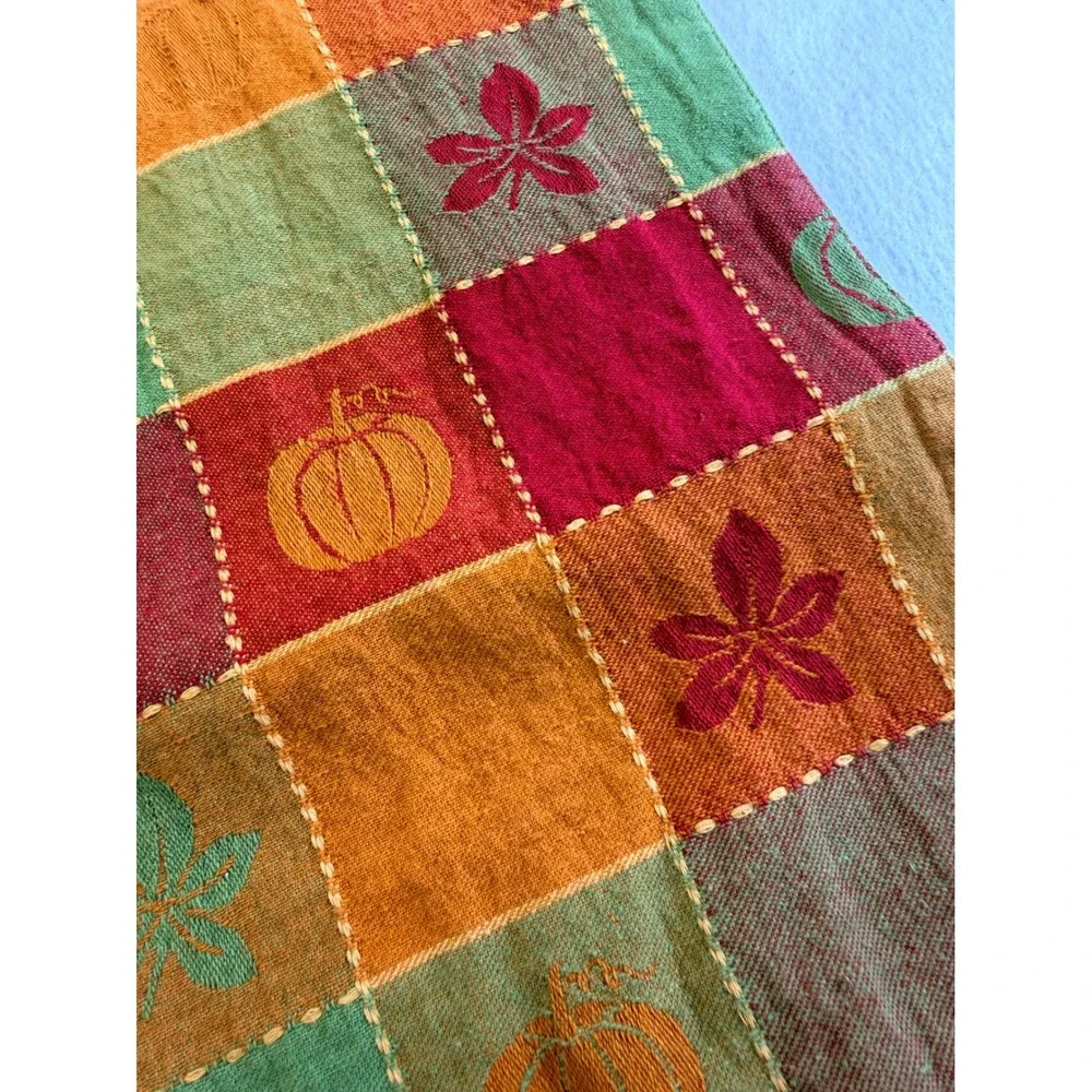 Autumn Patchwork Pumpkin Leaf Woven Table Runner Red Orange Green 13x70